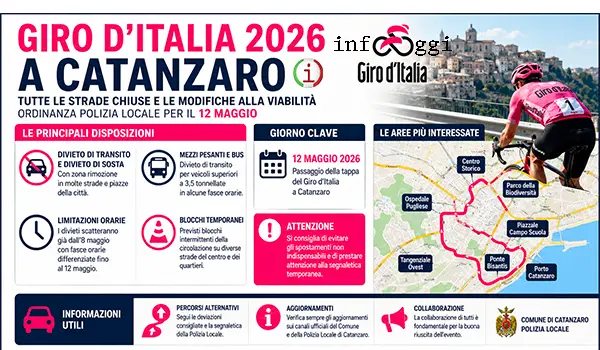 Giro d’Italia 2026 a Catanzaro: tutte le strade chiuse, i divieti e le modifiche alla viabilità del 12 maggio