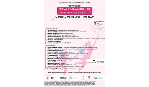 Su iniziativa del Senatore Marco Scurria  “Sana e Salva – Quando lo Sport salva la vita” Martedì 3 marzo 2026