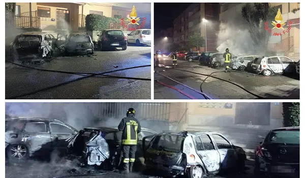 Lamezia Terme, incendio in via I Maggio- distrutti 7 veicoli, si sospetta il dolo