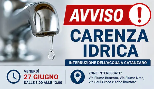 Catanzaro, interruzione dell'acqua nel quartiere Cava il 27 giugno: ecco le vie interessate e gli orari
