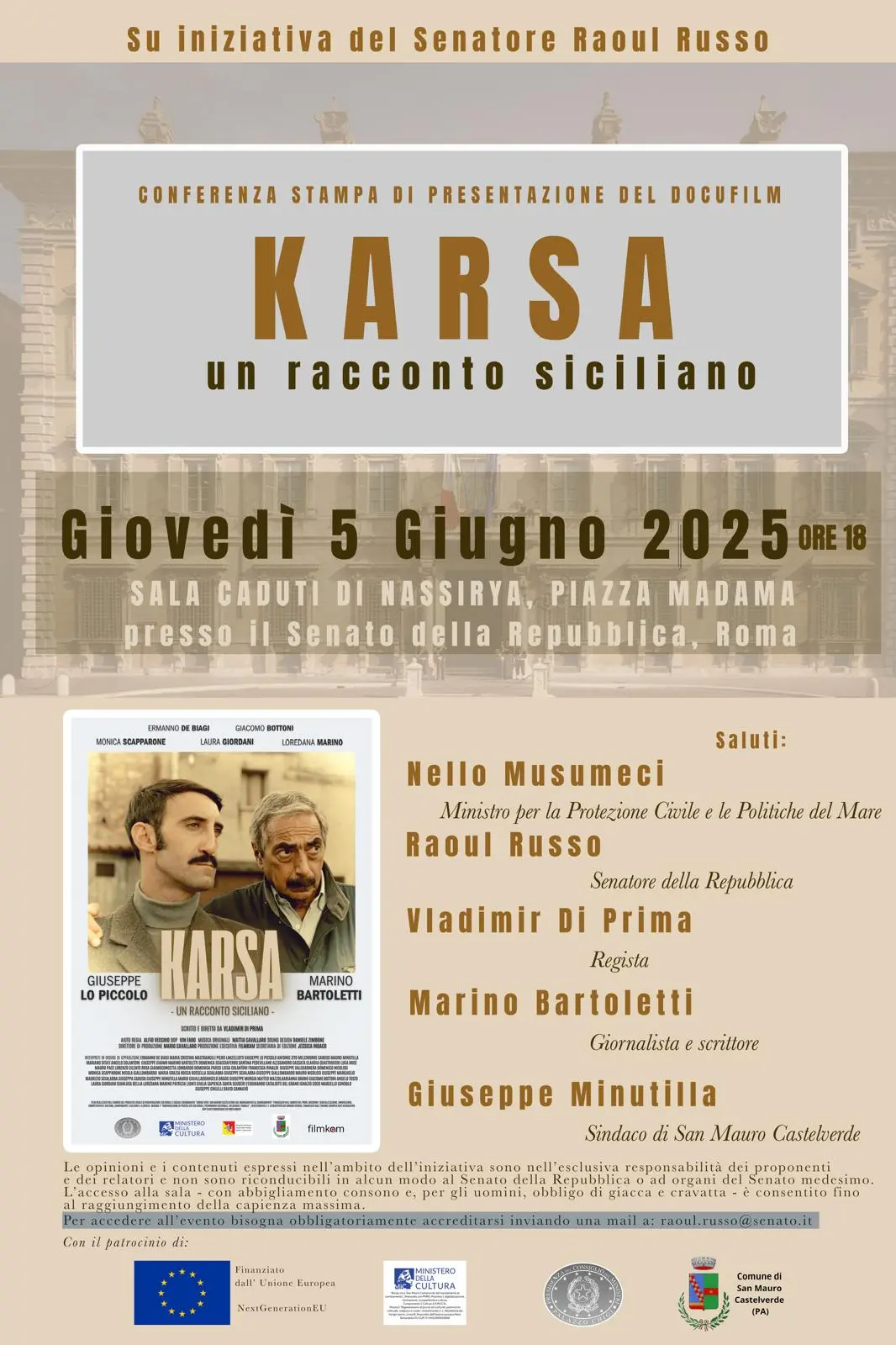 Al Senato della Repubblica la presentazione del docufilm “KARSA – Un racconto siciliano” girato a San Mauro Castelverde
