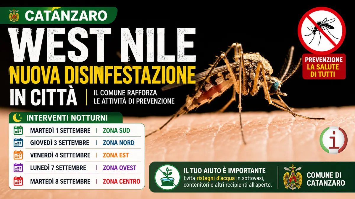 West Nile a Catanzaro, nuova disinfestazione in città: interventi dall’1 all’8 settembre