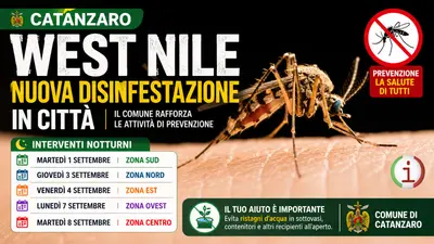 West Nile a Catanzaro, nuova disinfestazione in città: interventi dall’1 all’8 settembre